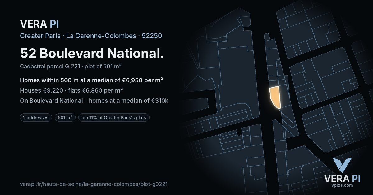 52 Boulevard National, La Garenne-Colombes at night – the plot lit, the parcels around coloured by the prices near them