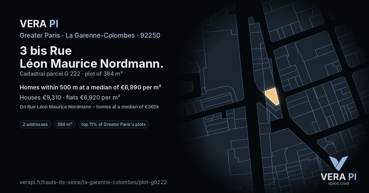 3 bis Rue Léon Maurice Nordmann, La Garenne-Colombes at night – the plot lit, the parcels around coloured by the prices near them