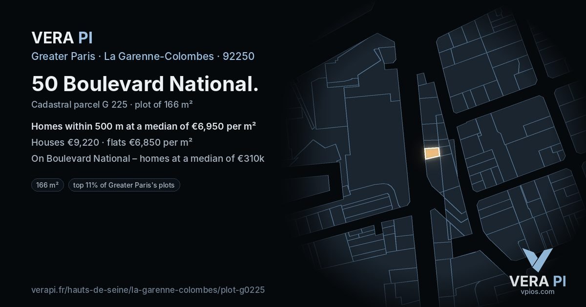 50 Boulevard National, La Garenne-Colombes at night – the plot lit, the parcels around coloured by the prices near them
