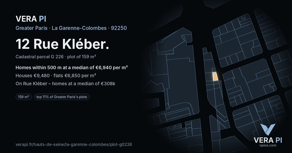 12 Rue Kléber, La Garenne-Colombes at night – the plot lit, the parcels around coloured by the prices near them
