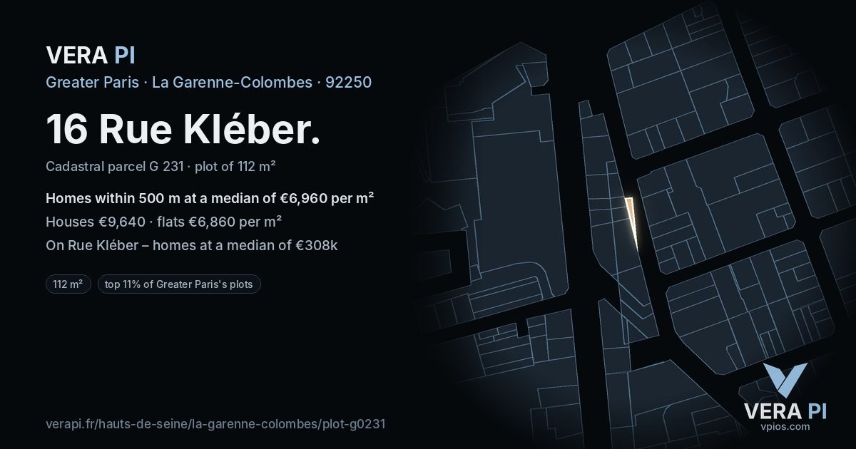 16 Rue Kléber, La Garenne-Colombes at night – the plot lit, the parcels around coloured by the prices near them