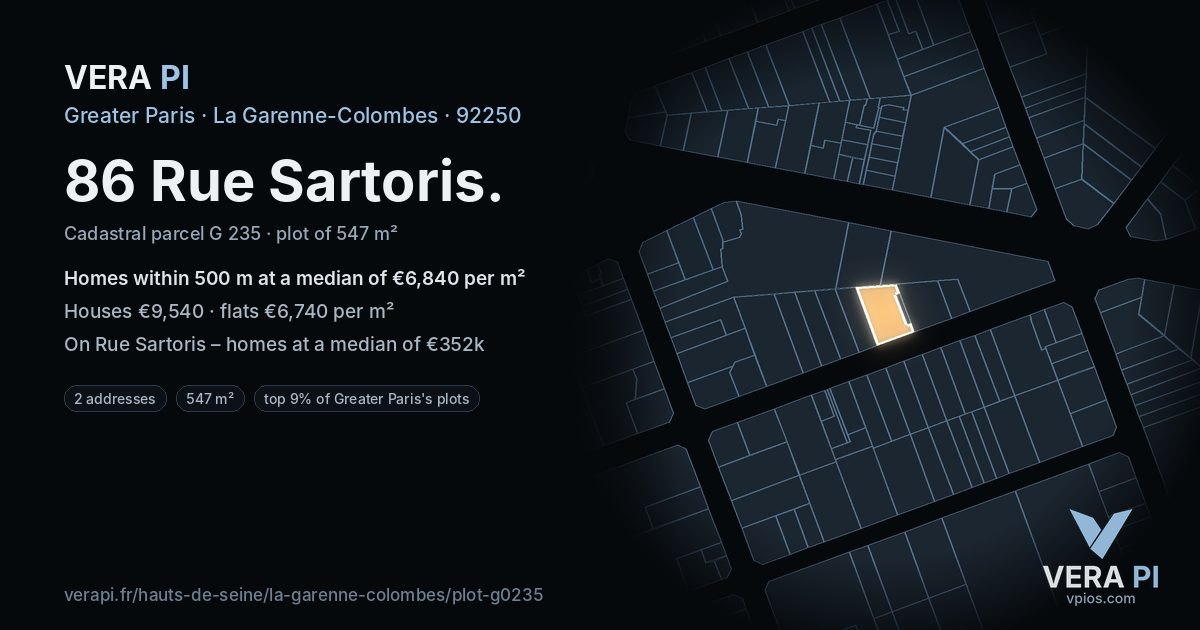 86 Rue Sartoris, La Garenne-Colombes at night – the plot lit, the parcels around coloured by the prices near them