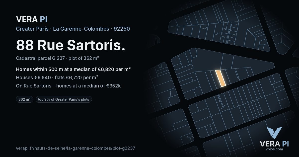 88 Rue Sartoris, La Garenne-Colombes at night – the plot lit, the parcels around coloured by the prices near them