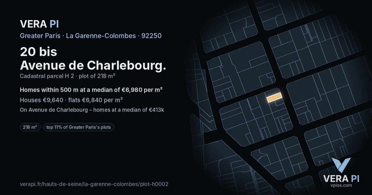 20 bis Avenue de Charlebourg, La Garenne-Colombes at night – the plot lit, the parcels around coloured by the prices near them