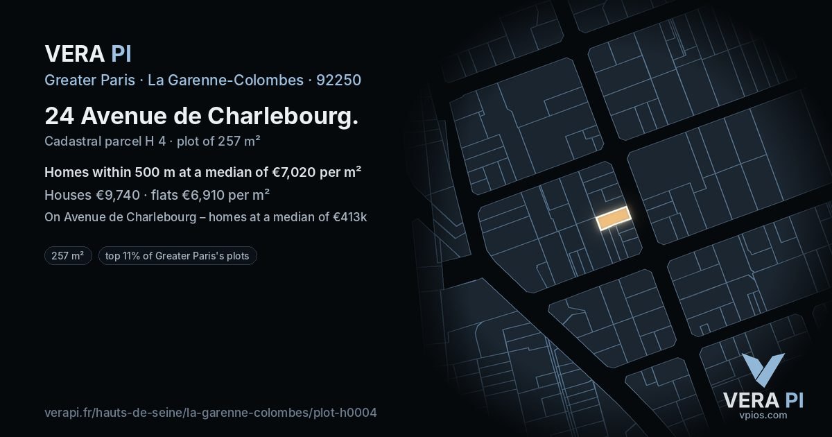 24 Avenue de Charlebourg, La Garenne-Colombes at night – the plot lit, the parcels around coloured by the prices near them