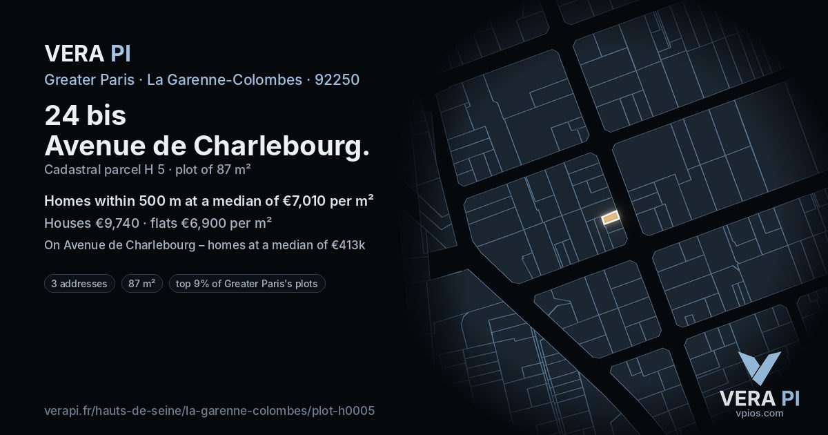 24 bis Avenue de Charlebourg, La Garenne-Colombes at night – the plot lit, the parcels around coloured by the prices near them