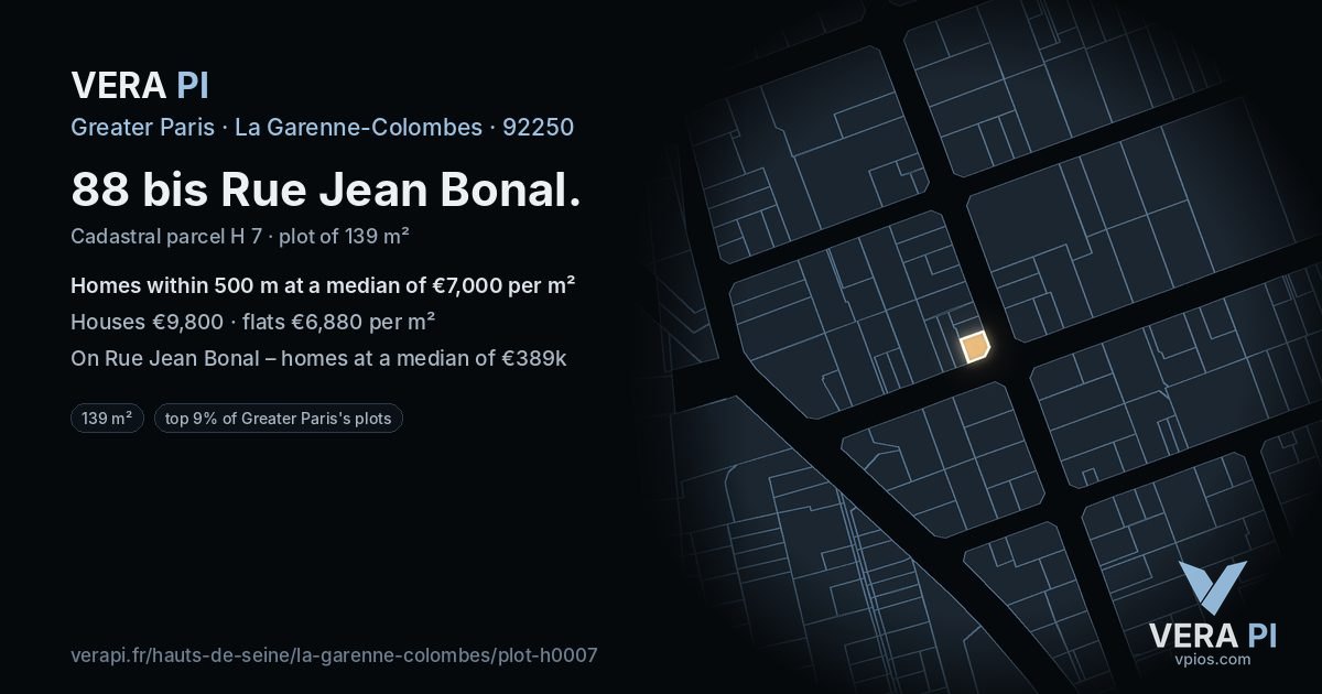 88 bis Rue Jean Bonal, La Garenne-Colombes at night – the plot lit, the parcels around coloured by the prices near them