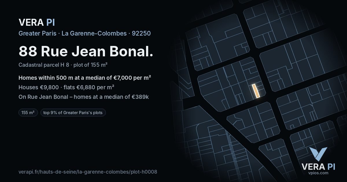 88 Rue Jean Bonal, La Garenne-Colombes at night – the plot lit, the parcels around coloured by the prices near them