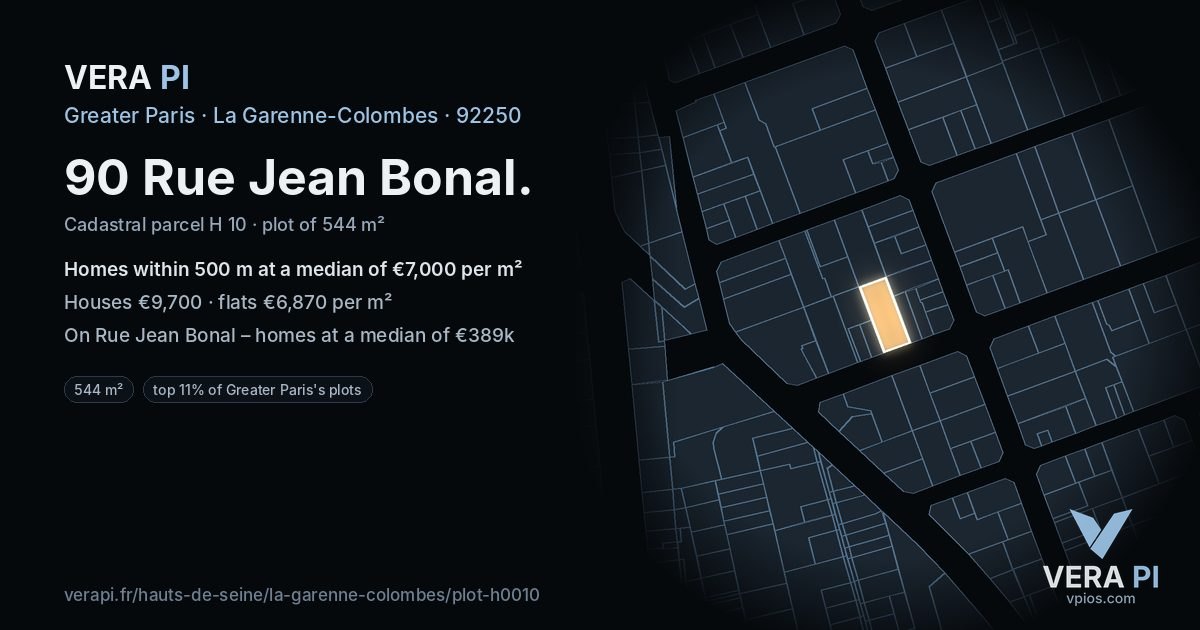 90 Rue Jean Bonal, La Garenne-Colombes at night – the plot lit, the parcels around coloured by the prices near them