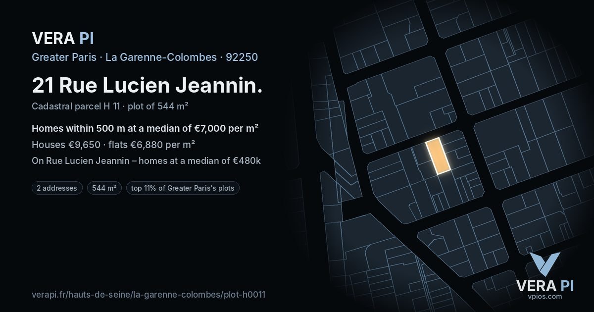 21 Rue Lucien Jeannin, La Garenne-Colombes at night – the plot lit, the parcels around coloured by the prices near them