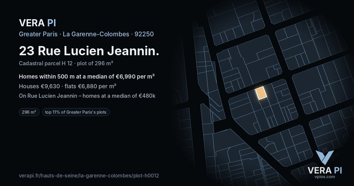 23 Rue Lucien Jeannin, La Garenne-Colombes at night – the plot lit, the parcels around coloured by the prices near them