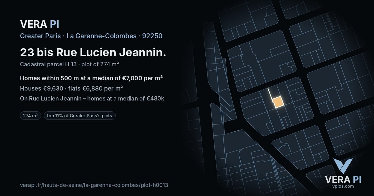 23 bis Rue Lucien Jeannin, La Garenne-Colombes at night – the plot lit, the parcels around coloured by the prices near them