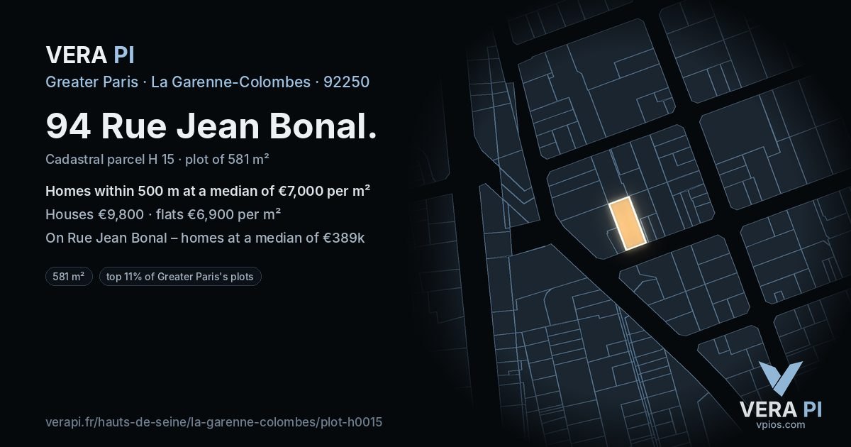 94 Rue Jean Bonal, La Garenne-Colombes at night – the plot lit, the parcels around coloured by the prices near them