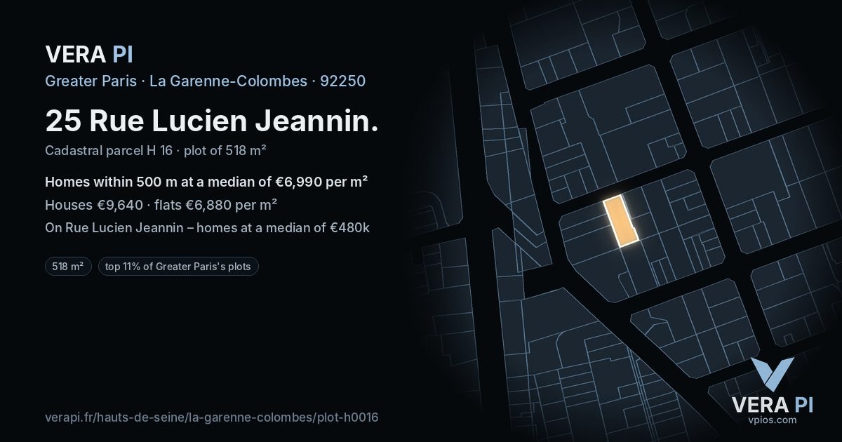 25 Rue Lucien Jeannin, La Garenne-Colombes at night – the plot lit, the parcels around coloured by the prices near them