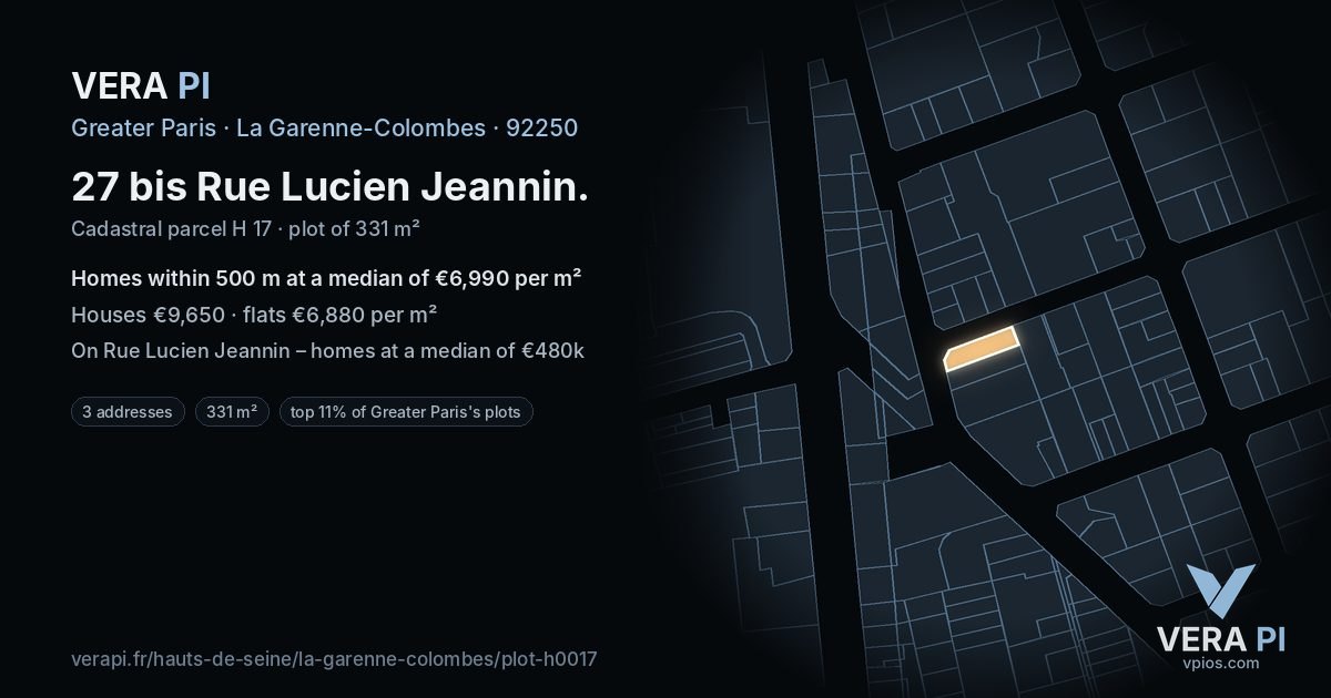27 bis Rue Lucien Jeannin, La Garenne-Colombes at night – the plot lit, the parcels around coloured by the prices near them