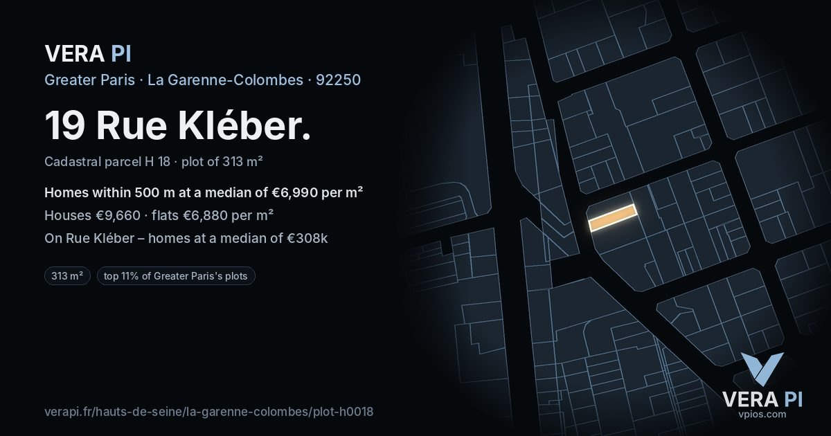 19 Rue Kléber, La Garenne-Colombes at night – the plot lit, the parcels around coloured by the prices near them