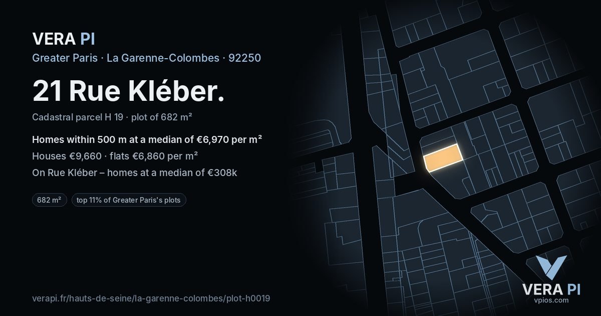 21 Rue Kléber, La Garenne-Colombes at night – the plot lit, the parcels around coloured by the prices near them