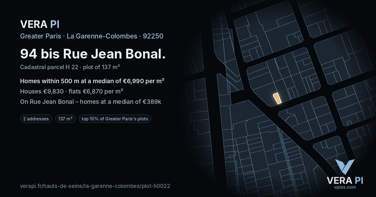 94 bis Rue Jean Bonal, La Garenne-Colombes at night – the plot lit, the parcels around coloured by the prices near them
