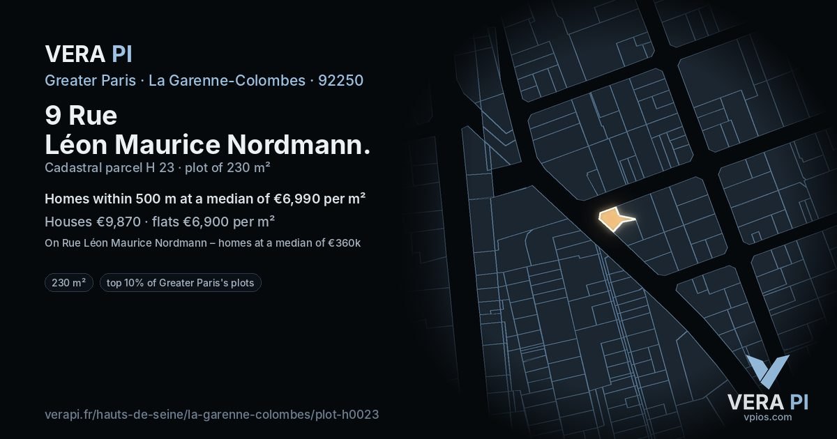 9 Rue Léon Maurice Nordmann, La Garenne-Colombes at night – the plot lit, the parcels around coloured by the prices near them