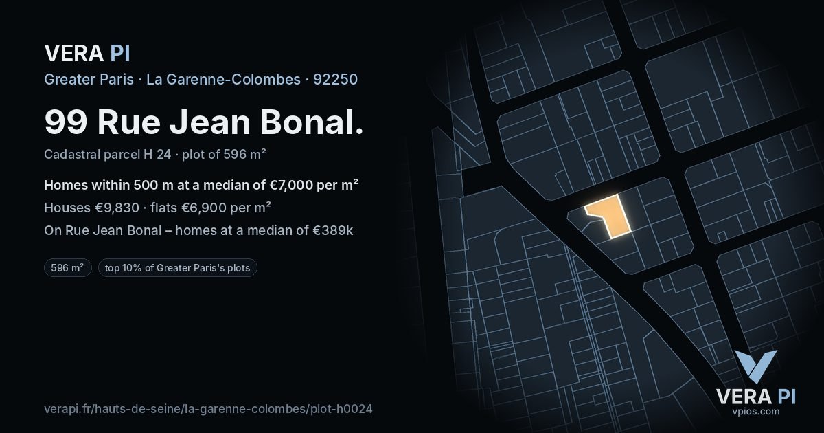 99 Rue Jean Bonal, La Garenne-Colombes at night – the plot lit, the parcels around coloured by the prices near them