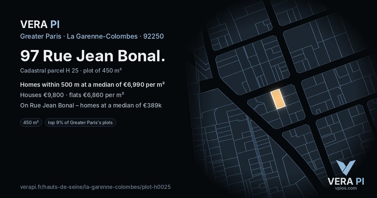 97 Rue Jean Bonal, La Garenne-Colombes at night – the plot lit, the parcels around coloured by the prices near them