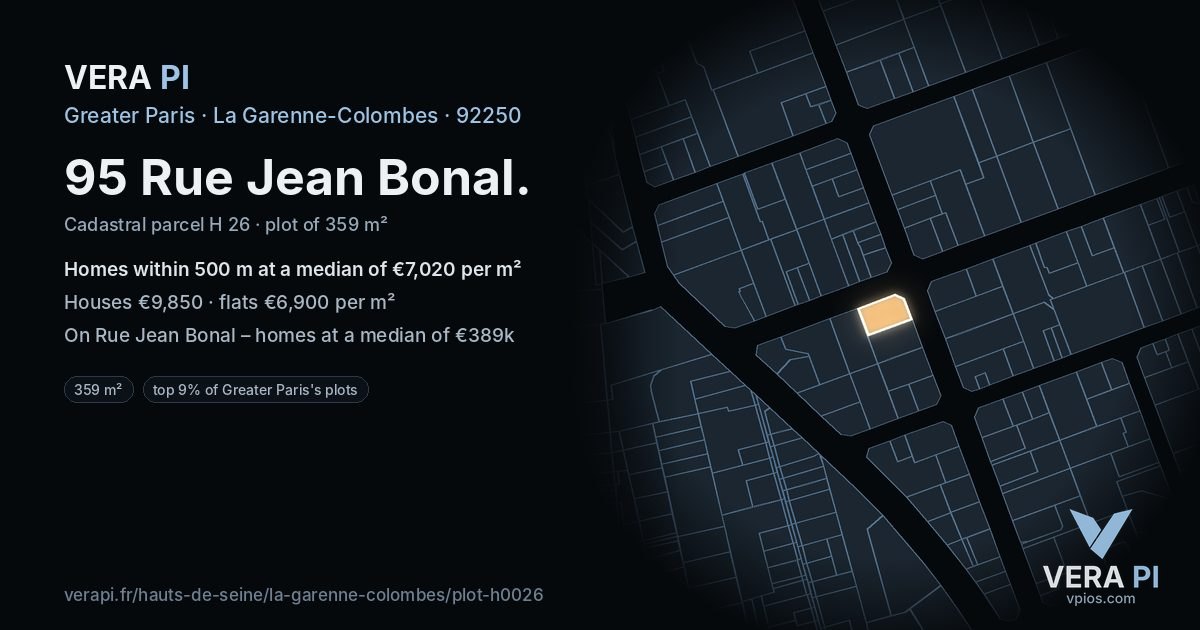 95 Rue Jean Bonal, La Garenne-Colombes at night – the plot lit, the parcels around coloured by the prices near them