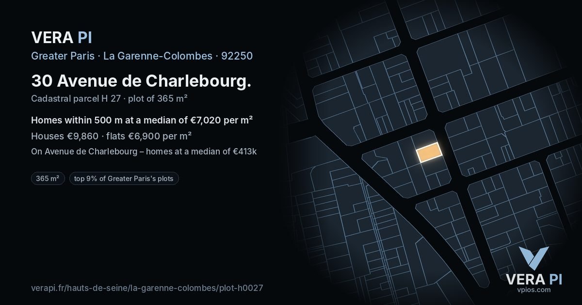 30 Avenue de Charlebourg, La Garenne-Colombes at night – the plot lit, the parcels around coloured by the prices near them