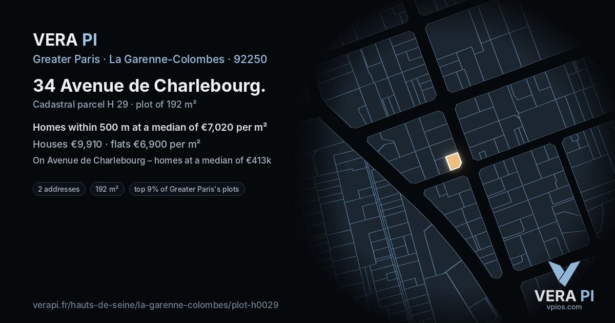 34 Avenue de Charlebourg, La Garenne-Colombes at night – the plot lit, the parcels around coloured by the prices near them
