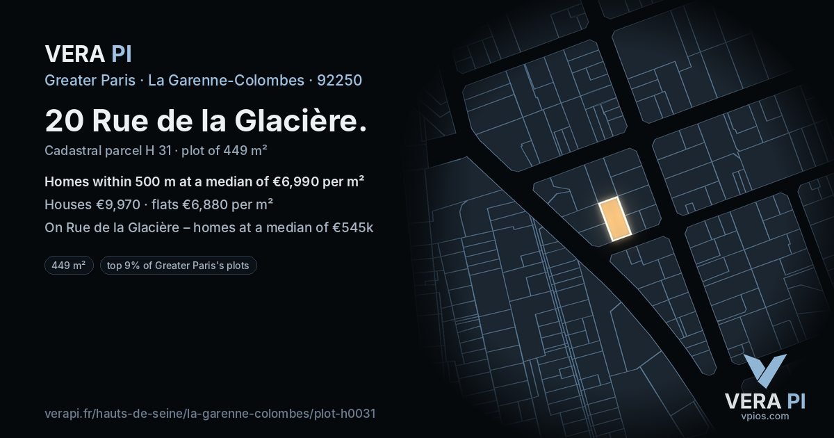 20 Rue de la Glacière, La Garenne-Colombes at night – the plot lit, the parcels around coloured by the prices near them