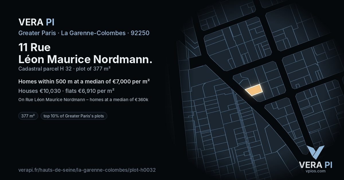 11 Rue Léon Maurice Nordmann, La Garenne-Colombes at night – the plot lit, the parcels around coloured by the prices near them