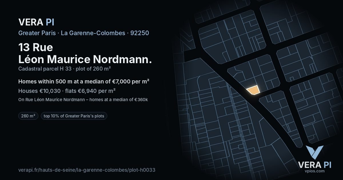 13 Rue Léon Maurice Nordmann, La Garenne-Colombes at night – the plot lit, the parcels around coloured by the prices near them