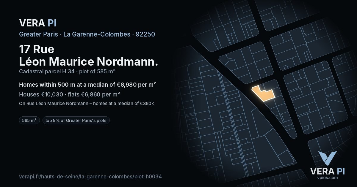 17 Rue Léon Maurice Nordmann, La Garenne-Colombes at night – the plot lit, the parcels around coloured by the prices near them