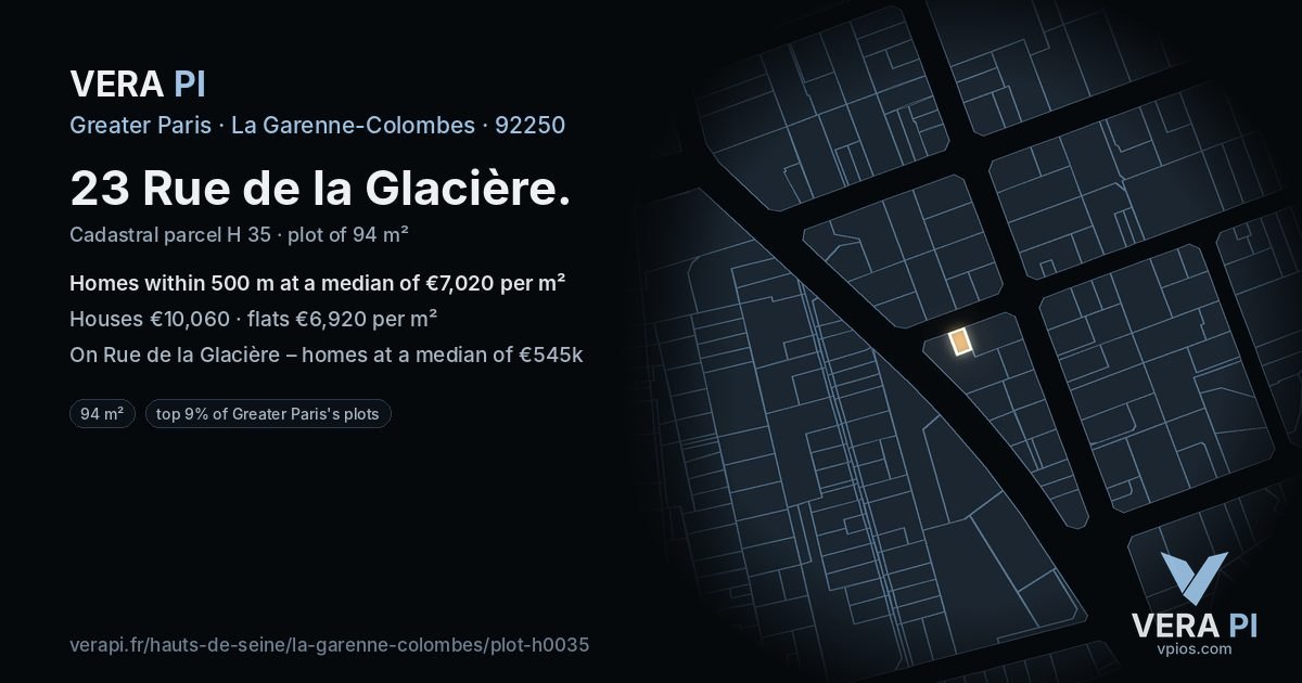 23 Rue de la Glacière, La Garenne-Colombes at night – the plot lit, the parcels around coloured by the prices near them