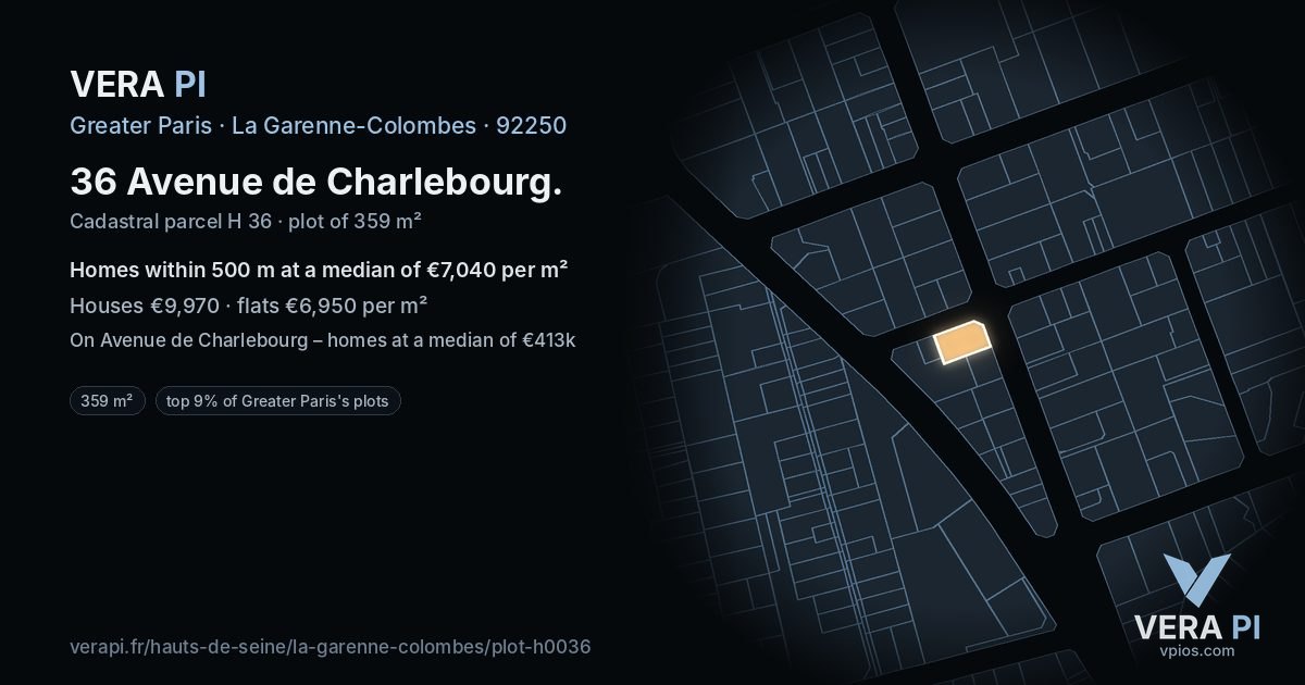 36 Avenue de Charlebourg, La Garenne-Colombes at night – the plot lit, the parcels around coloured by the prices near them