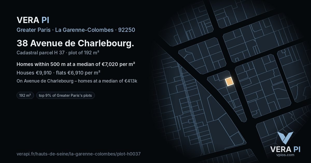 38 Avenue de Charlebourg, La Garenne-Colombes at night – the plot lit, the parcels around coloured by the prices near them