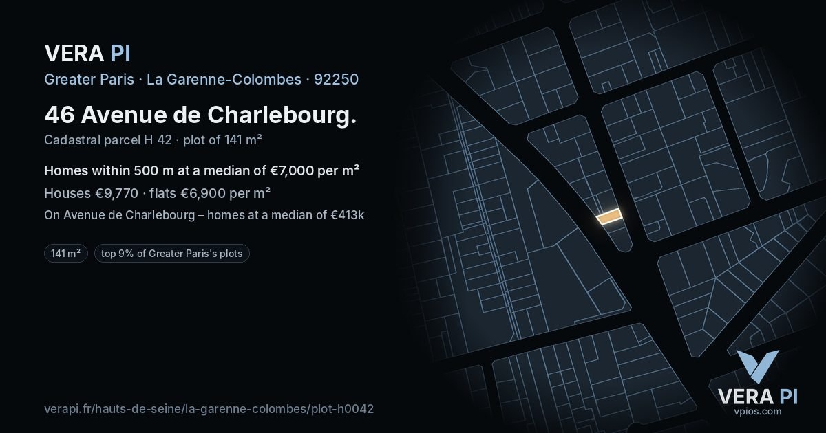 46 Avenue de Charlebourg, La Garenne-Colombes at night – the plot lit, the parcels around coloured by the prices near them