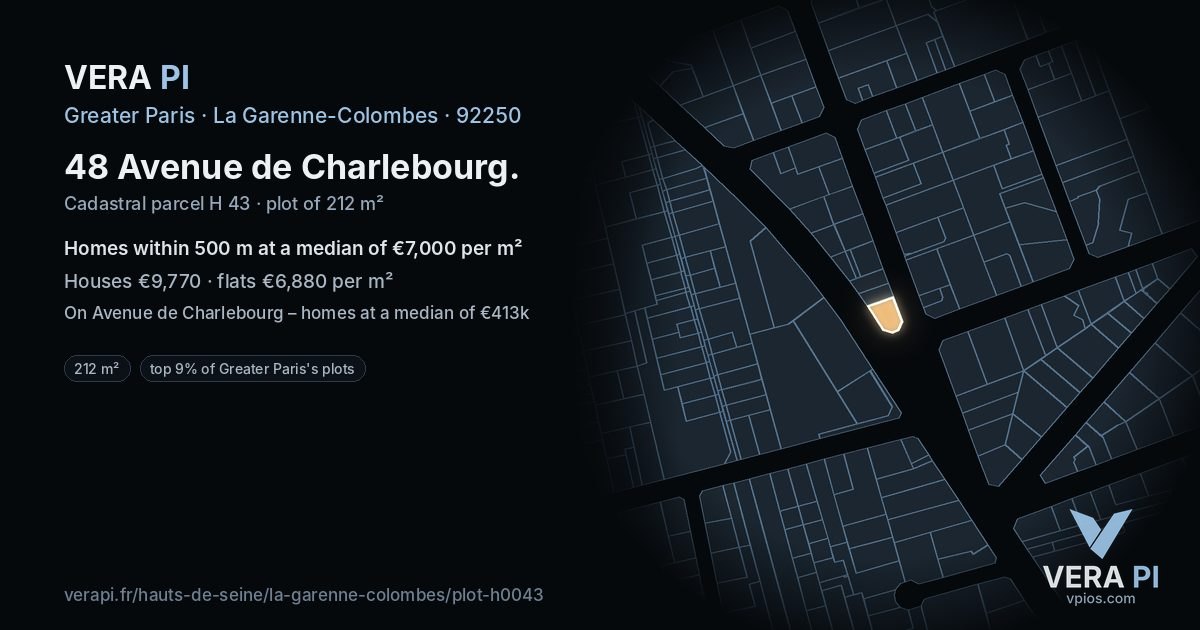 48 Avenue de Charlebourg, La Garenne-Colombes at night – the plot lit, the parcels around coloured by the prices near them