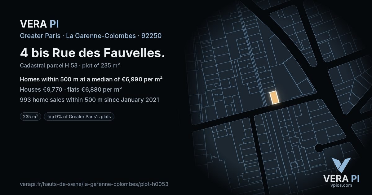 4 bis Rue des Fauvelles, La Garenne-Colombes at night – the plot lit, the parcels around coloured by the prices near them