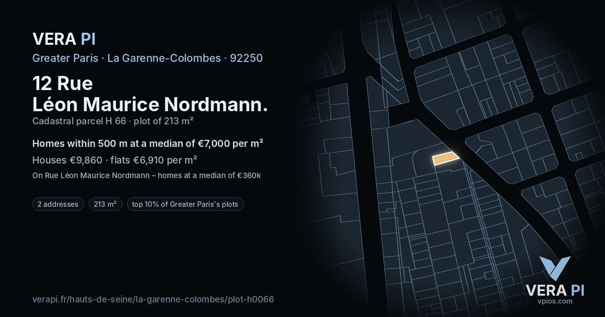 12 Rue Léon Maurice Nordmann, La Garenne-Colombes at night – the plot lit, the parcels around coloured by the prices near them