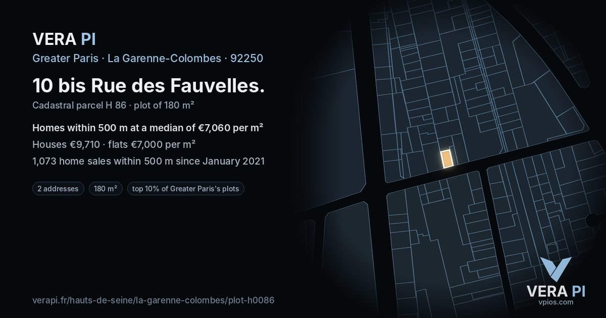 10 bis Rue des Fauvelles, La Garenne-Colombes at night – the plot lit, the parcels around coloured by the prices near them