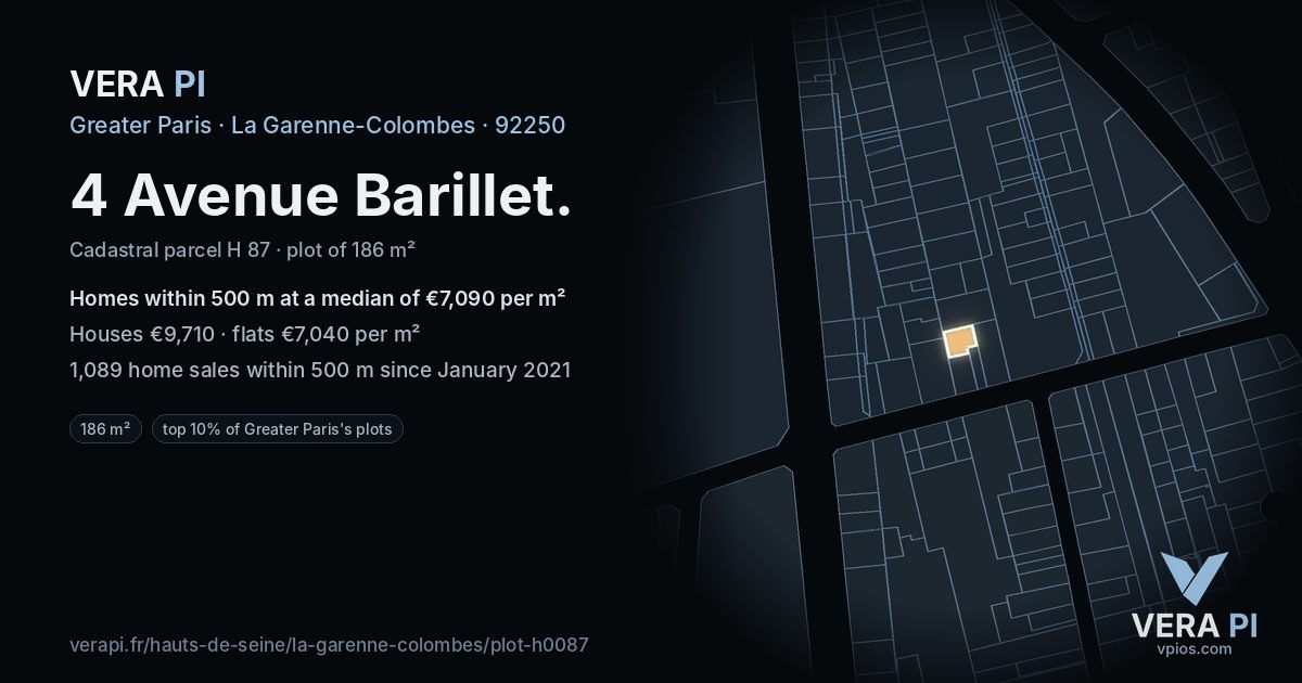 4 Avenue Barillet, La Garenne-Colombes at night – the plot lit, the parcels around coloured by the prices near them