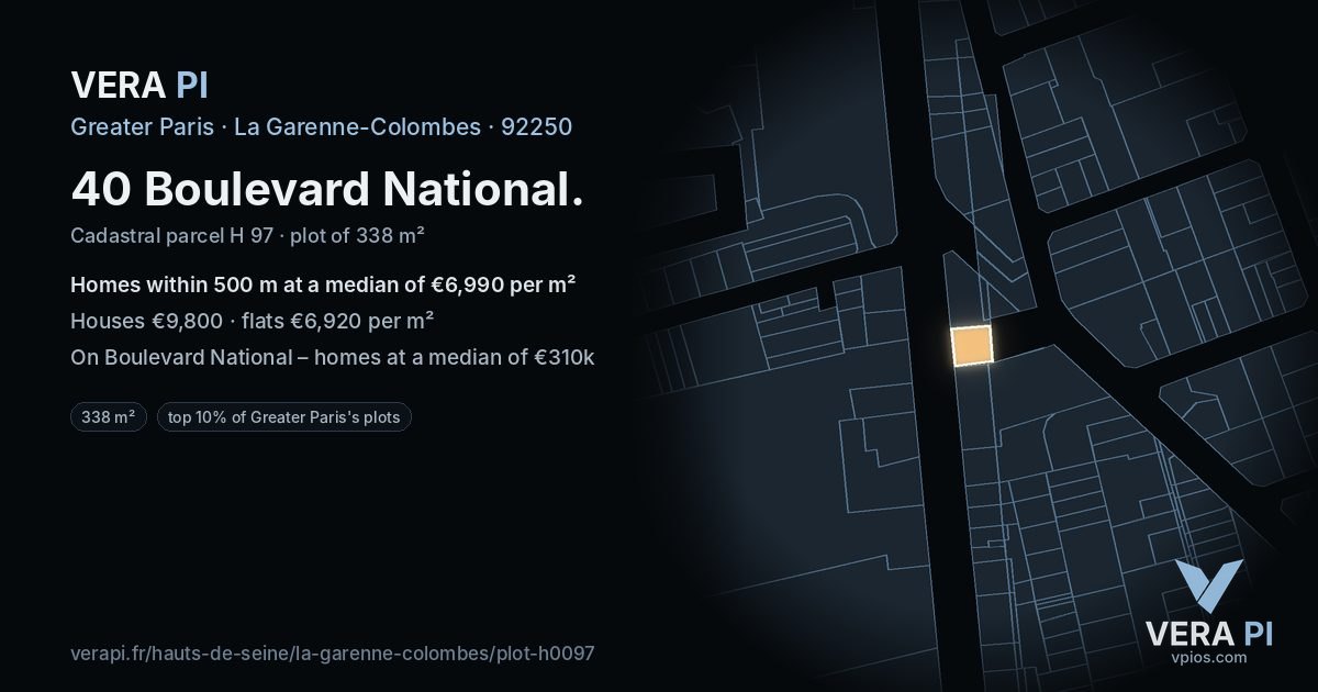 40 Boulevard National, La Garenne-Colombes at night – the plot lit, the parcels around coloured by the prices near them