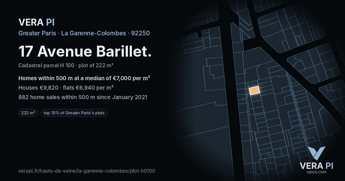 17 Avenue Barillet, La Garenne-Colombes at night – the plot lit, the parcels around coloured by the prices near them