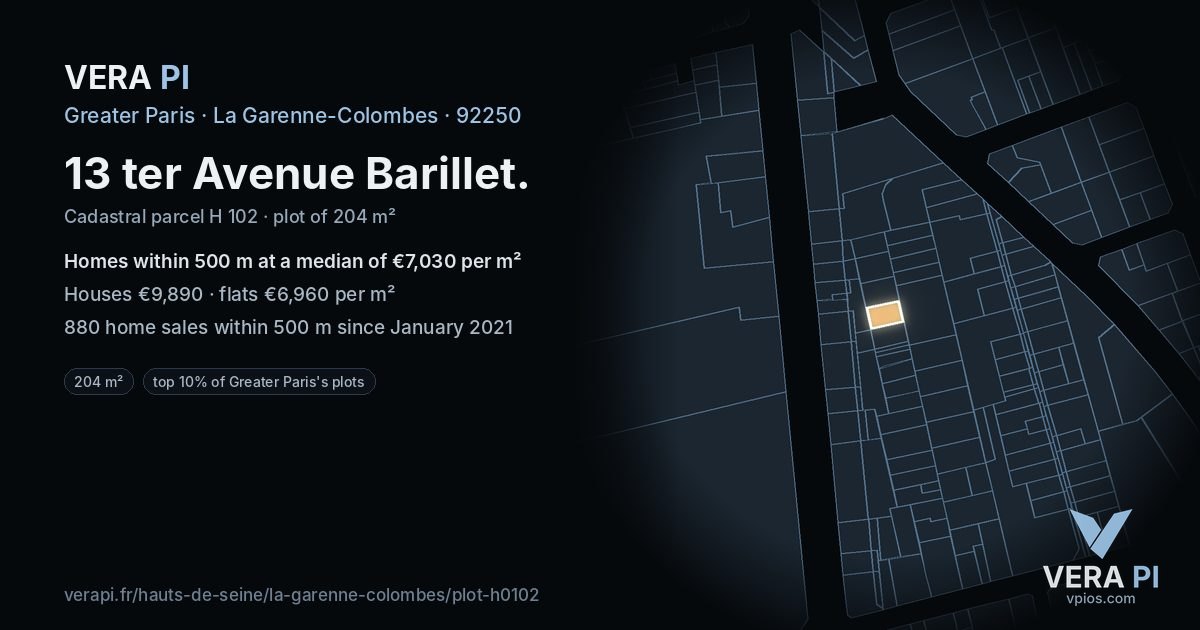 13 ter Avenue Barillet, La Garenne-Colombes at night – the plot lit, the parcels around coloured by the prices near them
