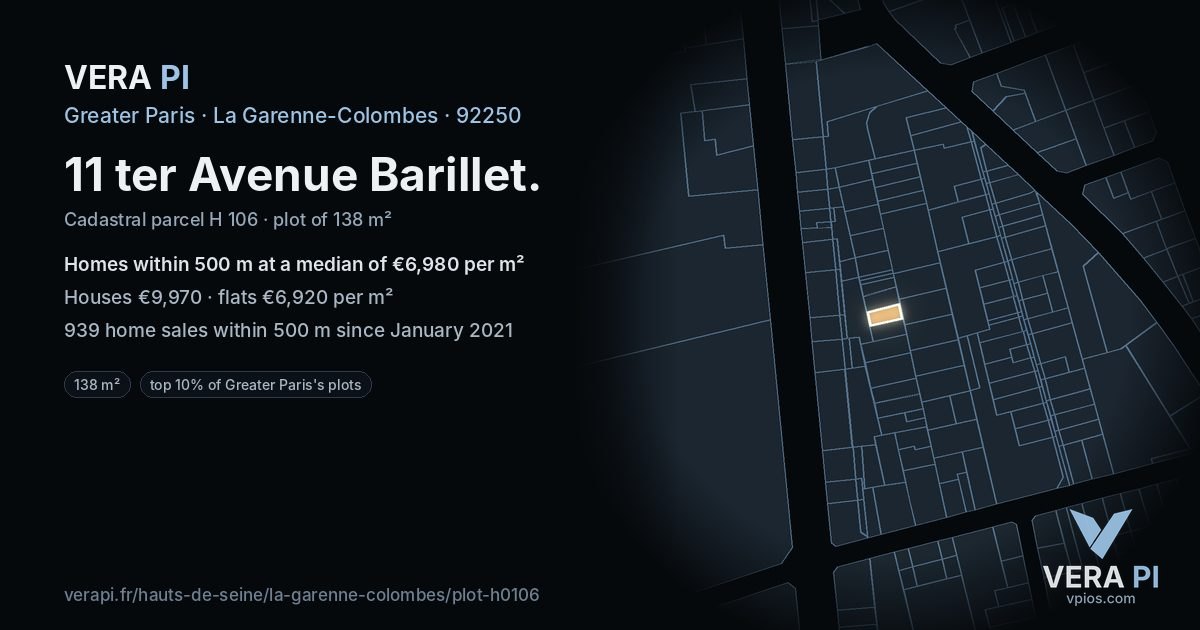 11 ter Avenue Barillet, La Garenne-Colombes at night – the plot lit, the parcels around coloured by the prices near them