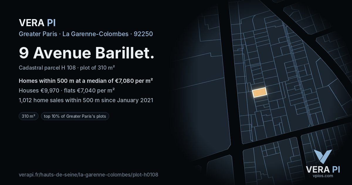 9 Avenue Barillet, La Garenne-Colombes at night – the plot lit, the parcels around coloured by the prices near them
