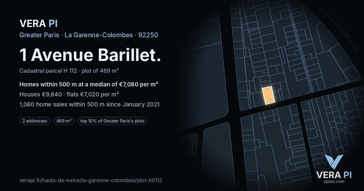 1 Avenue Barillet, La Garenne-Colombes at night – the plot lit, the parcels around coloured by the prices near them