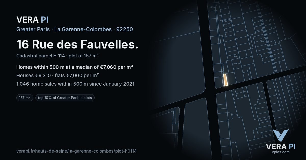 16 Rue des Fauvelles, La Garenne-Colombes at night – the plot lit, the parcels around coloured by the prices near them