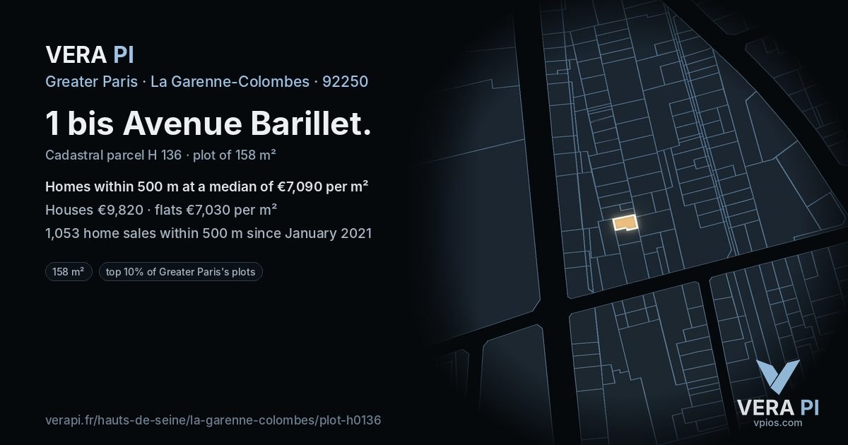 1 bis Avenue Barillet, La Garenne-Colombes at night – the plot lit, the parcels around coloured by the prices near them