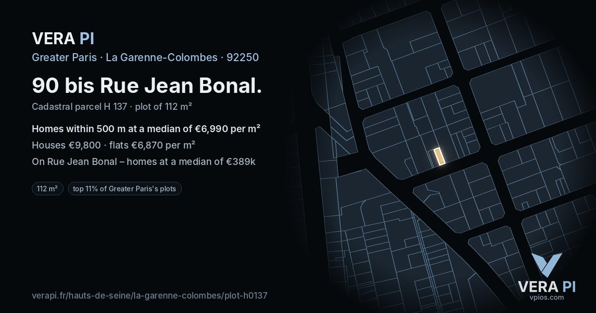 90 bis Rue Jean Bonal, La Garenne-Colombes at night – the plot lit, the parcels around coloured by the prices near them